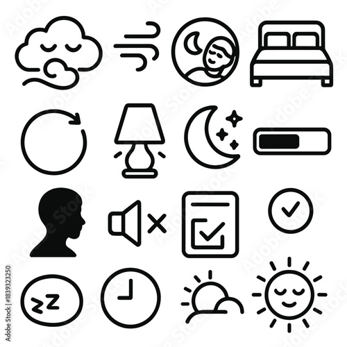 Nighttime Wellness Icons. Nighttime Wellness Elements linear set: relaxed breath cloud, evening wind-down symbol, restorative rest icon, comfortable bedding, circadian cycle ring,