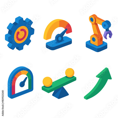 Operational Efficiency Icons. Operational Efficiency Tools isometric flat set: optimization gear, performance dial, automation arm, throughput meter, load balancer, efficiency