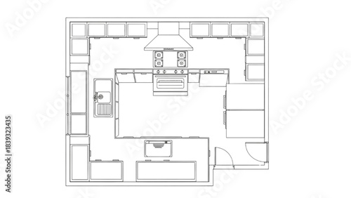 High-quality black line art of a U-shaped kitchen floor plan with overhead cabinets and a central cooking zone, modern interior layout design