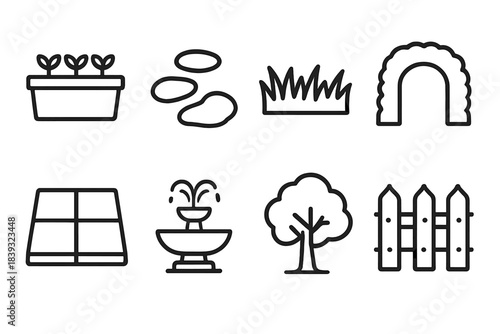 Landscape Icon Collection. Outdoor Landscape Elements linear set: planter box, stepping stones, grass strip, hedge arc, terrace tile, fountain bowl, garden tree, fence picket.