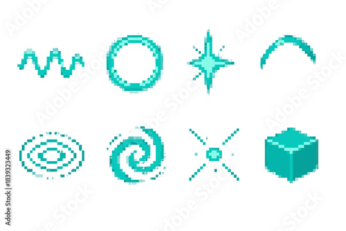 Pixel Art Energy Icons. Energy Shift Set pixel style set: flux wave, pulse ring, rising spark, morphing arc, ripple field, dynamic swirl, charge node, phase block. .