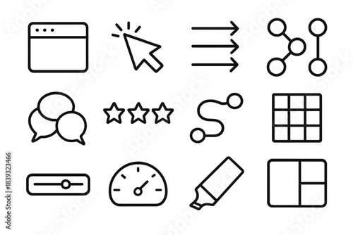 User Experience Icons. User Experience Icons linear set: interface window, usability cursor, flow arrows, interaction nodes, clarity bubbles, feedback stars, journey path, UI