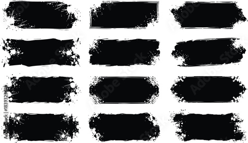 Set of artistic black grunge backgrounds with paint brush strokes and splatter rectangular shapes
