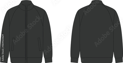 Black zip up jacket flat sketch, long sleeve apparel design, high collar fashion template, ribbed cuffs hem, clothing illustration garment drawing