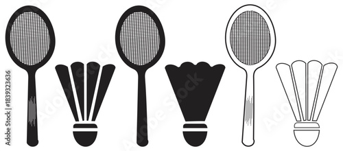 Badminton Racket and Shuttlecock Silhouette Icon Set.