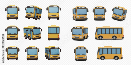 Collection of yellow school buses in various angles and perspectives on a transparent background.