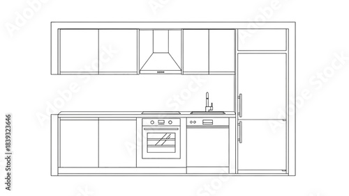 High-quality black line art of a single-wall minimalist kitchen floor plan with linear storage and appliances, modern interior layout design