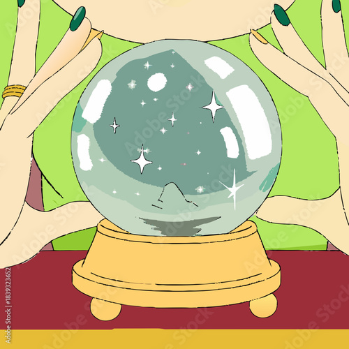 Woman holding crystal ball with cosmic images