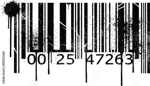 Distressed grunge barcode with dripping ink and scratched texture lines suitable for security and retail concepts
