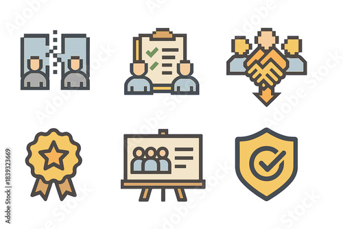 Teamwork Icon Set. Cooperative Responsibility Set set of icons in flat pixel vector style: workload split icon, shared checklist, united hands, team focus arrow, duty badge, group