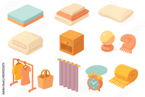 Restful Room Icons. Restful Room Essentials flat isometric set: foam mattress, linen set, supportive pillow, warm duvet, bedside cabinet, soft glow lamp, clothing rack, curtain