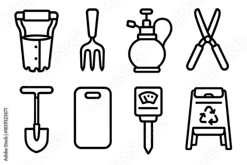 Garden Tool Icons. Flower garden essentials linear set: bulb planter, hand rake, misting sprayer, hedge trimmer, edging tool, kneeling pad, soil tester, compost bin.