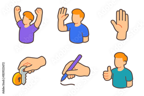 Isometric Daily Gestures. Common Daily Gestures isometric flat set: morning stretch, polite wave, beckoning hand, turning key motion, writing stroke, sip gesture, stop palm, nod of