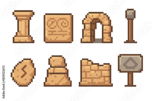 Archaeological Icon Set. Archaeological Site Components set of icons in flat pixel vector style: pillar shard, engraved block, old passage stone, site marker post, artifact chip,