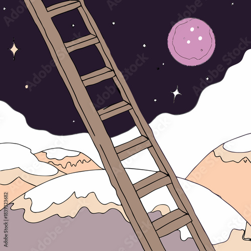 Wooden ladder reaching from snowy mountains to night sky