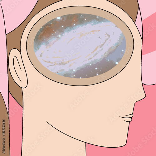 Woman's head filled with swirling galaxy and stars