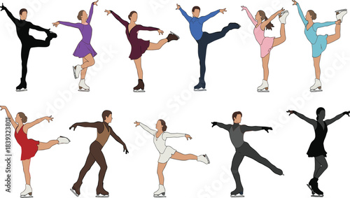Figure Skating Poses Collection: A Diverse Set of Male and Female Skaters Performing Graceful Basic and Advanced Moves in Various Colorful Silhouettes and Outfits.