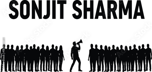 Single male silhouette with a megaphone addressing a large diverse crowd, symbolizing leadership, political campaigning, public speaking, and mass communication.