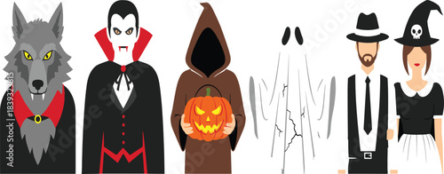 Spooky Halloween Character Collection: Detailed Illustrations of a Wolfman, Vampire, Grim Reaper, Ghost, and Dressed-up Couple Ready for Trick-or-Treating and Parties.