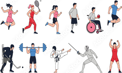 Diverse group of athletes engaging in various sports: running, weightlifting, tennis, hockey, fencing, and paralympic inclusion, celebrating health and fitness.