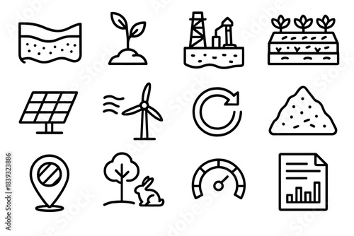 Sustainability Icons Collection. Eco Resource Governance linear set: aquifer level icon, forest regeneration sprig, controlled extraction site, regenerative farm bed, solar grid