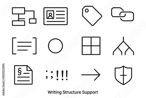Grammar Icons Display. Writing Structure Support linear set: sentence map, grammar rule card, word function tag, connector phrase icon, clause boundary line, emphasis dot, tense