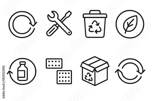 Circular Economy Icons. Circular Economy Suite linear set: reuse loop, refurbish tools, resource recovery bin, biodegradable material icon, product lifecycle ring, modular parts,