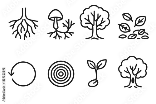 Tree Ecology Icons. Tree ecology symbols set linear set: root network, mycorrhizal link, canopy layer, leaf litter bed, nutrient cycle arrow, trunk cross-section, seed sprout,