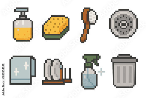 Kitchen Sanitation Icons. Kitchen Sanitation Basics pixel style set: soap dispenser, scrub sponge, dish brush, sink strainer, clean towel, drying rack, sanitizing spray, trash bin.