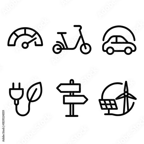 Eco-Friendly Mobility Icons. Energy-Smart Movement linear set: efficiency gauge, lightweight mobility form, smooth-drive arc, eco-charge port, green commute sign, renewable power