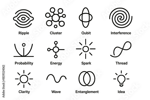 Quantum Solution Icons. Quantum-Based Solutions Set linear set: quantum ripple, particle cluster, qubit loop, interference swirl, probability arc, energy node, conceptual spark,