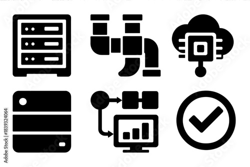 Brutalist Data Icons. Advanced processing setups silhouette set: data center rack, pipeline tile, compute node bar, cloud link arc, storage module, workflow strip, monitoring node,