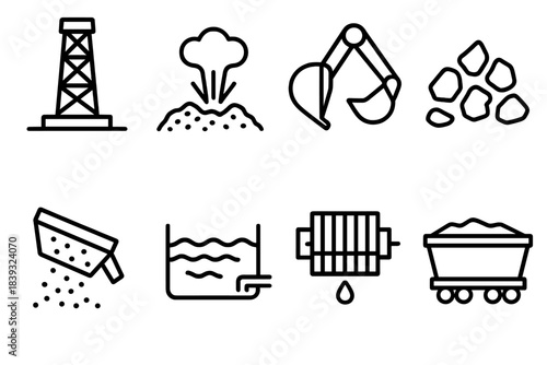 Industrial Processing Icons. Earth resource processing linear set: drilling mast, blast plume, excavator scoop, crushed material, vibrating screen, settling basin, filtration rack,
