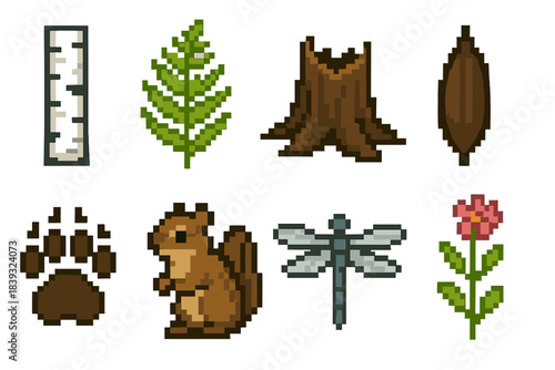 Forest Pixel Icons. Forest habitat collection set of icons in flat pixel vector style: birch trunk, fern frond, rotting stump, seed pod, bear track, chipmunk, dragonfly, wildflower
