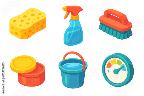 Vehicle Cleaning Icons. Vehicle Cleaning Essentials flat isometric set: sponge pad, window cleaner spray, upholstery brush, wax tin, rinse bucket, cleanliness dial.