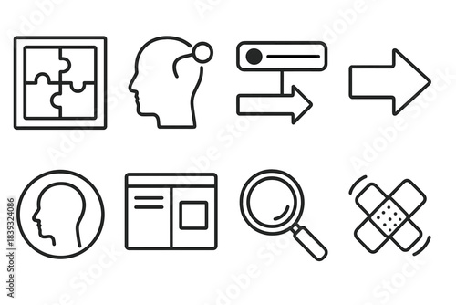 Cognitive Framework Icons. Framing Bias Set linear set: cognitive frame tile, viewpoint-adjustment node, bias-highlight bar, decision-path arrow, mental perspective ring, context