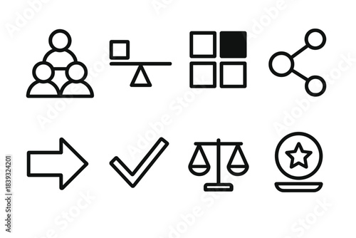 Stakeholder Icons Design. Participatory stake models linear set: stakeholder cluster, weighted option bar, priority tile, influence node, decision stripe, clarity marker, tradeoff