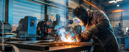 Industrial welder in protective mask using welding torch on metal table, bright orange sparks and blue smoke rising inside modern factory workshop, heavy industry and fabrication concept.