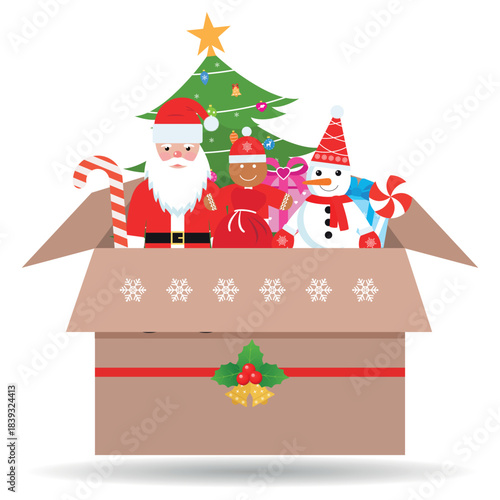 Illustration of Santa Claus and snowman with Christmas tree in a gift box on white background