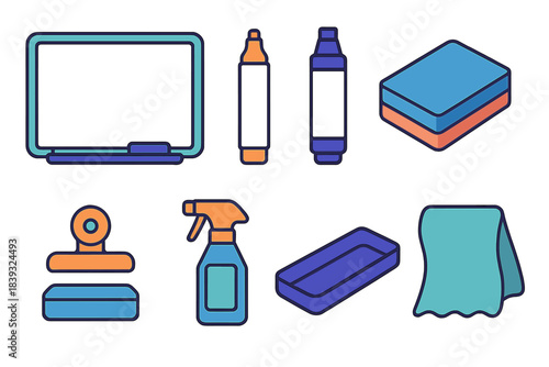 Office Supplies Icons. Whiteboards and markers flat set: dry-erase board, fine-tip marker, chisel-tip marker, eraser block, magnetic clip, cleaning spray bottle, marker tray, board