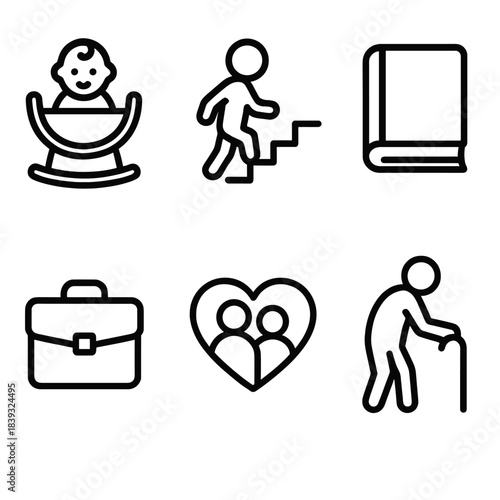 Life Stages Icons. Life stage representation linear set: newborn cradle, toddler steps, school book, career briefcase, family heart, senior cane.