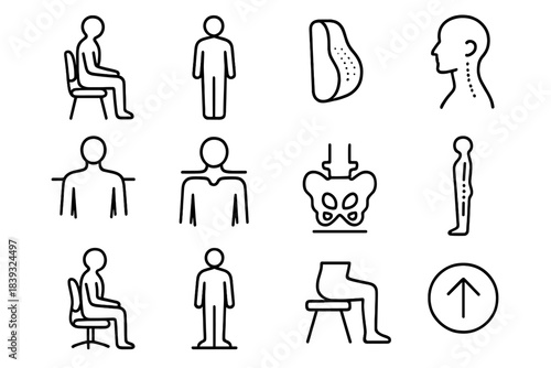 Posture Icon Set. Posture Guidance Set linear set: correct sitting pose, proper standing stance, lumbar cushion icon, neck alignment cue, shoulder balance mark, pelvis neutral sign