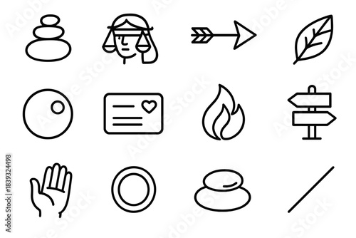 Icons of Values. Values & Principles Themes linear set: balance stone stack, truth symbol, guided arrow, respect leaf, reflective bubble, ethical card, wisdom flame, choice marker,