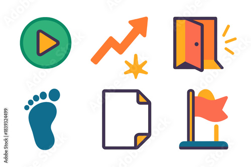 Starting Point Icons. Beginning Actions flat set: start button, rising arrow, ignition spark, open doorway, first step footprint, new page, launch bar, kickoff flag.