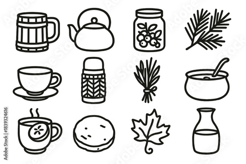 Rustic Beverage Icons. Rustic Cabin Beverages linear set: wooden mug, iron kettle, berry infusion jar, pine sprig, clay teacup, cozy thermos, herbal bundle, ladle pot, warm cider