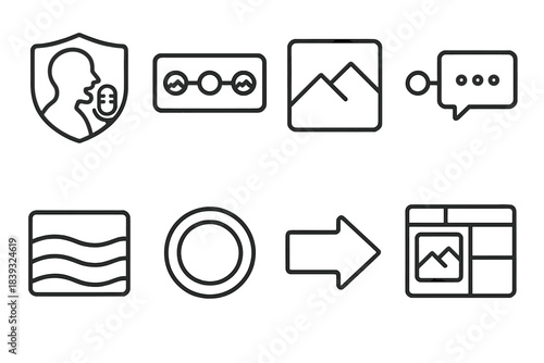 Narrative Flow Icons. Audio Narrative Composition Set linear set: voice narration badge, plot-timeline strip, scene marker tile, dialog-channel node, atmospheric layer bar, chapter