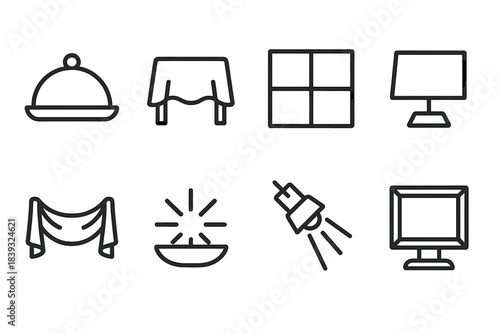 Modern Icon Display. Presentation & Display linear set: display tray, table layout icon, arrangement grid, stand card, fabric drape, centerpiece spark, spotlight icon, showcase