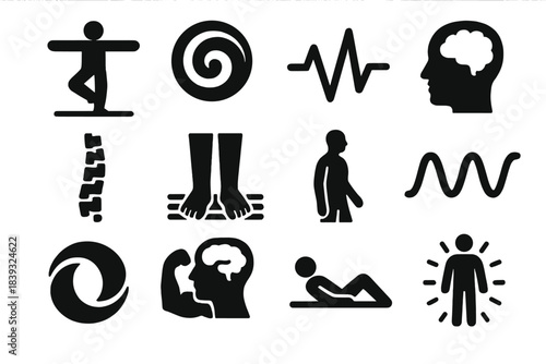 Mind-Body Connection Icons. Mind–Body Connection silhouette set: balanced figure icon, mindful breath swirl, heartbeat line, calm brain silhouette, alignment spine, grounding feet,