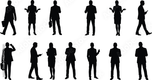Business professionals silhouettes in corporate attire, standing and walking poses, teamwork and communication concept, office staff illustration, workplace diversity vector design