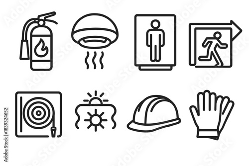Fire Safety Equipment Icons. Fire Safety Tools Set linear set: suppression extinguisher, alarm detector, protective blanket, exit direction sign, hose reel panel, thermal alarm